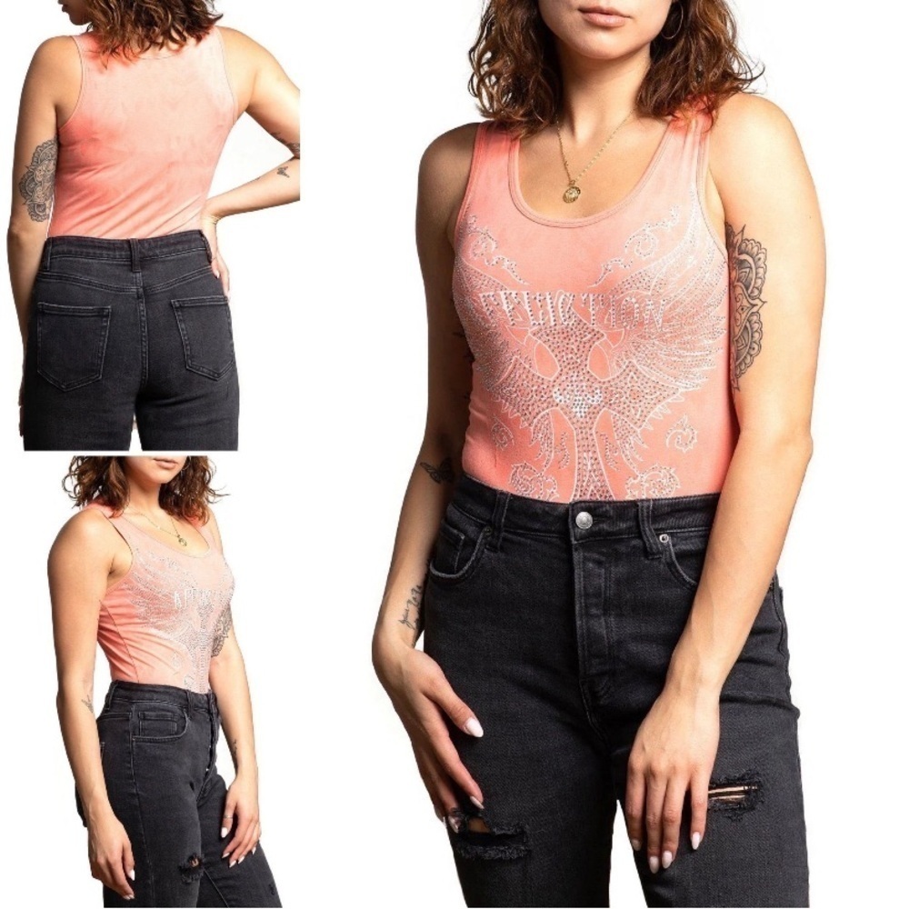 New Affliction Margo Wings Shell Pink Core Collection Sleeveless Tank Bodysuit